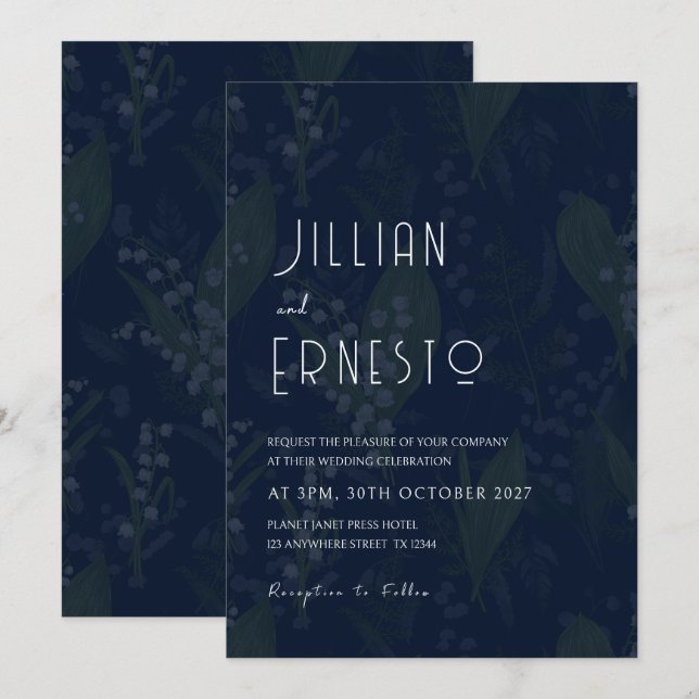 Darkest Blue Lily of the Valley Faded Background Invitation (Front/Back)