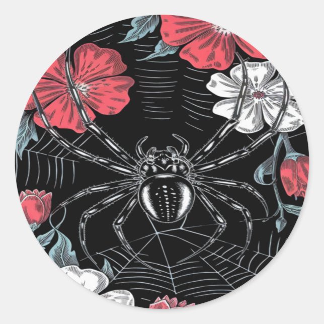 Darkly Romantic Spider Floral Classic Round Sticker (Front)