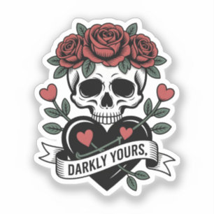 Darkly Yours Graphic: Gothic Skull with Red Roses Sticker