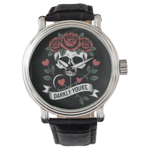 Darkly Yours Graphic: Gothic Skull with Red Roses Watch