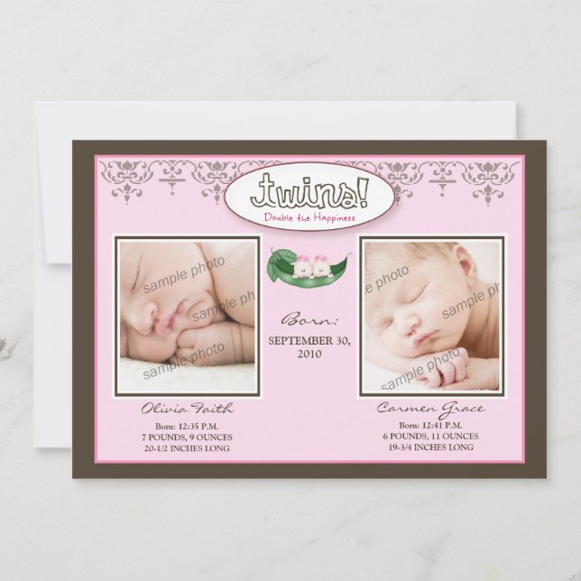 Darling 5x7 Twin GIRLS Birth Announcement (pink) (Front)