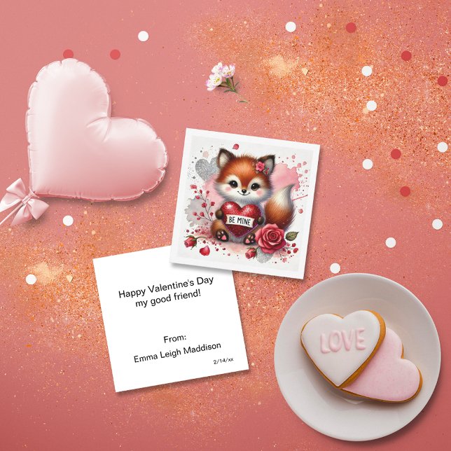 Darling Be Mine Girly Fox Classroom Valentine Note Card (Creator Uploaded)
