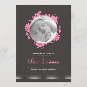 Darling Blooms Birth Announcement In Pink And Gray by spinsugar at Zazzle