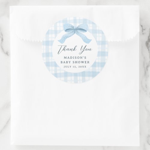 Darling Blue Watercolor Plaid and Bow Baby Shower Classic Round Sticker