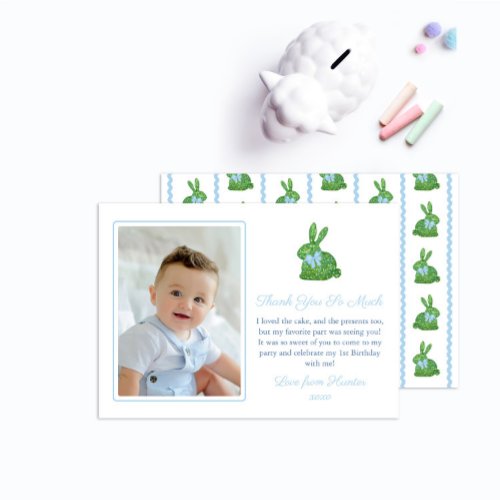 Darling Bunny Green Blue Baby Boy Picture Birthday Thank You Card