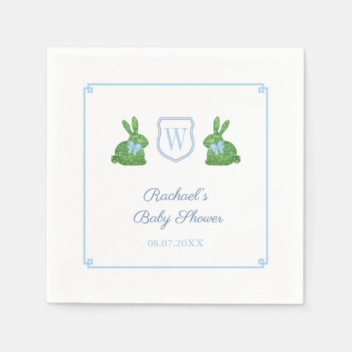 Darling Bunny Monogram Boy Baby Shower Brunch Napk Napkins - This classic napkin design features a simple monogram crest flanked on either side by a handpainted topiary rabbit adorned with floppy bow. Watercolor elements were painted by me onto 100% cotton paper and scanned into digital form. The crest shape is by another artist. 