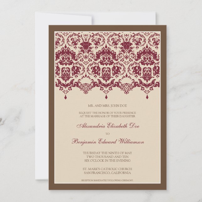 Darling Damask Lace 5x7 Wedding Invitation: berry Invitation (Front)