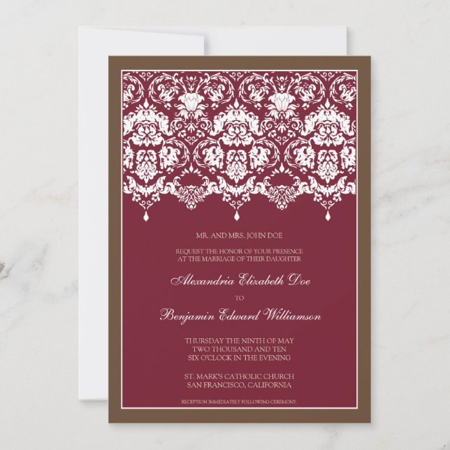 Darling Damask Lace 5x7 Wedding Invitation: berry Invitation (Front)