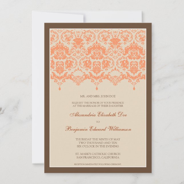 Darling Damask Lace 5x7 Wedding Invitation: coral Invitation (Front)
