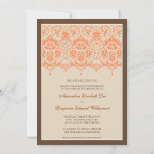 Darling Damask Lace 5x7 Wedding Invitation: coral Invitation