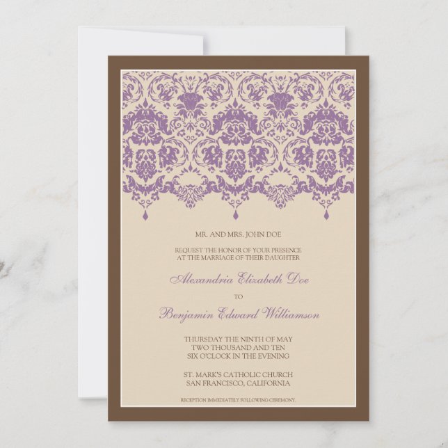 Darling Damask Lace 5x7 Wedding Invitation: lilac Invitation (Front)