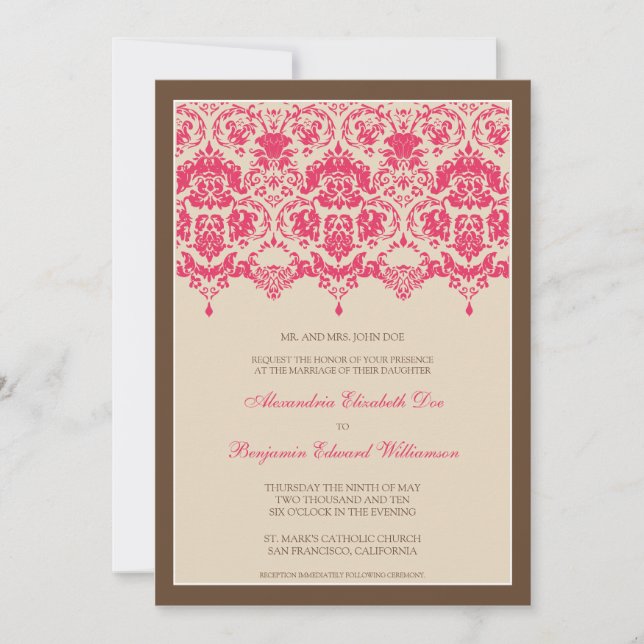 Darling Damask Lace 5x7 Wedding Invitation: pink Invitation (Front)