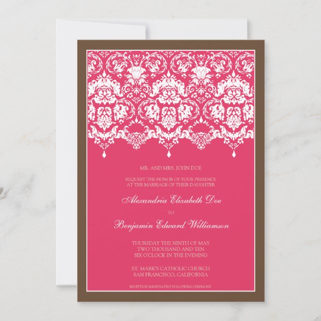 Darling Damask Lace 5x7 Wedding Invitation: pink Invitation (Front)
