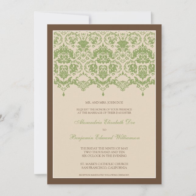 Darling Damask Lace 5x7 Wedding Invitation: sage Invitation (Front)