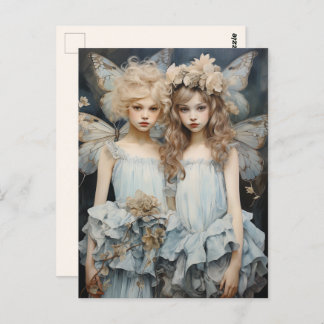 Darling Fairies Blue Satin Dress Pretty Wings Postcard