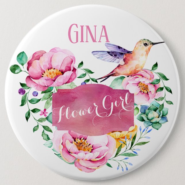 Darling Hummingbird Floral Pink Flower Girl Button (Front)
