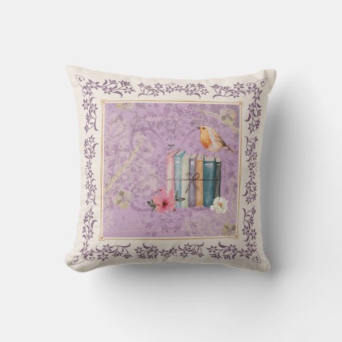 Darling Lilac Vintage Vibes Cottage Books Throw Pillow