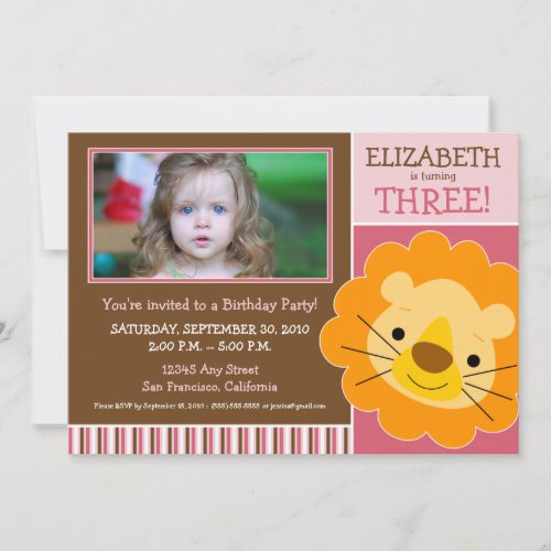 Darling Lion Girls Birthday Party Invite (pink)