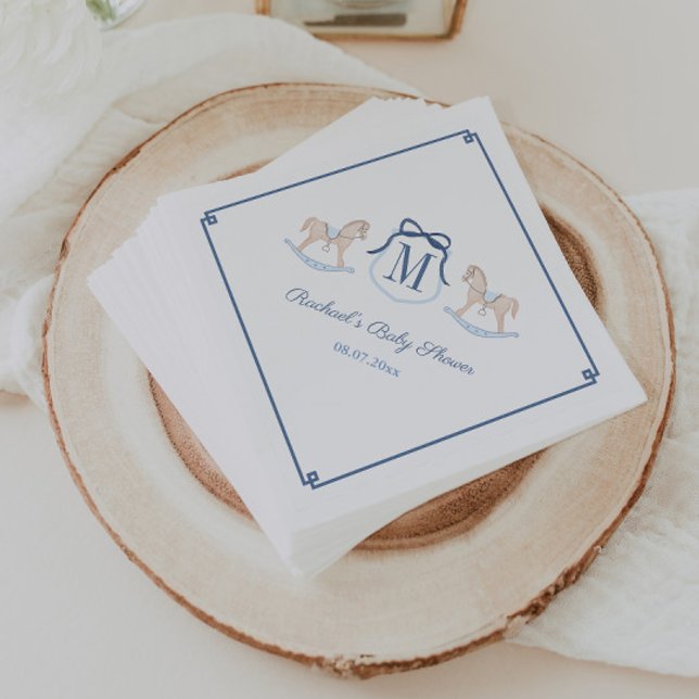 Darling Monogram Rocking Horse Baby Shower Party Napkins (Smart monogram crest rocking horse baby shower napkins with dark blue accents)