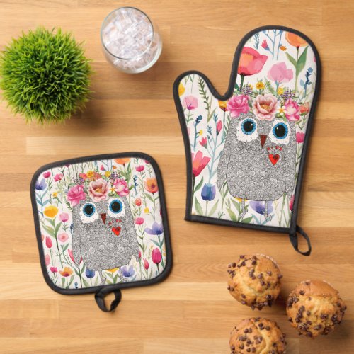 Darling Pink Crown Floral Owl  Oven Mitt  Pot Holder Set