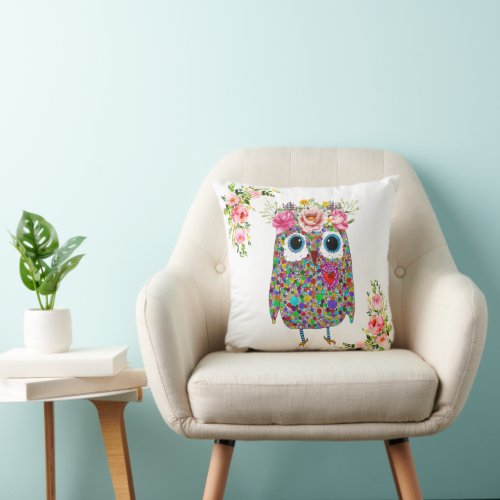 Darling Pink Crown Floral Owl  Throw Pillow