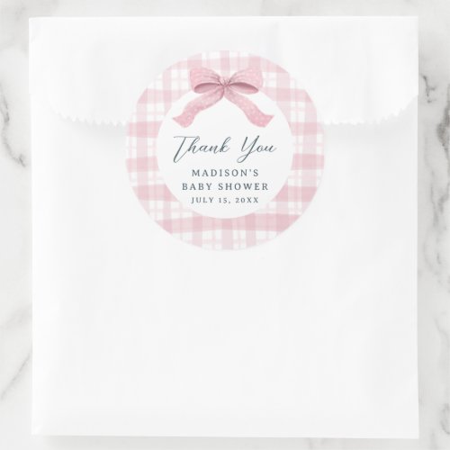 Darling Pink Watercolor Plaid and Bow Baby Shower Classic Round Sticker