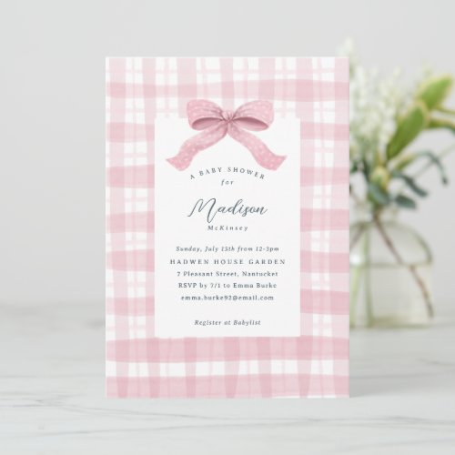 Darling Pink Watercolor Plaid and Bow Baby Shower Invitation