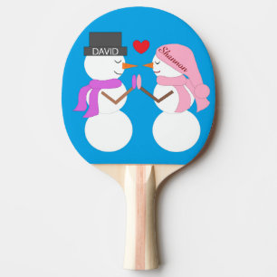 Darling Snowpeople in Love: Blue-green Ping Pong Paddle