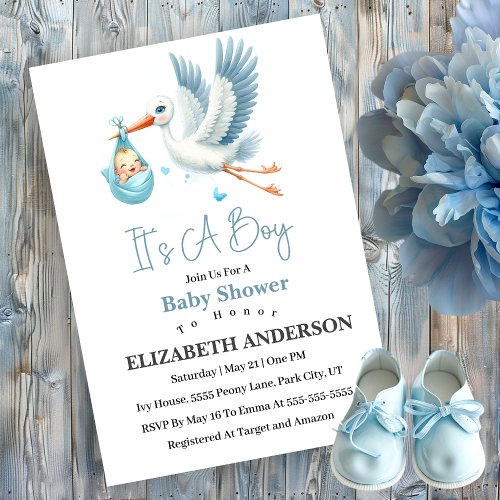 Darling Stork Blue Boy Baby Shower Invitation