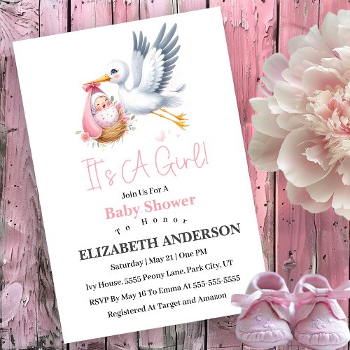 Darling Stork Pink Girl Baby Shower Invitation