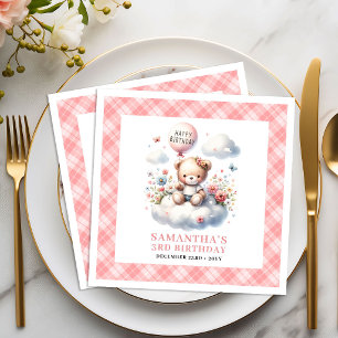 Darling teddy bear balloon blush floral birthday  paper dinner napkins