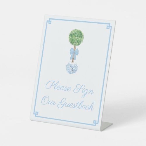 Darling Topiary Blue Bow Wedding Shower Guestbook Pedestal Sign