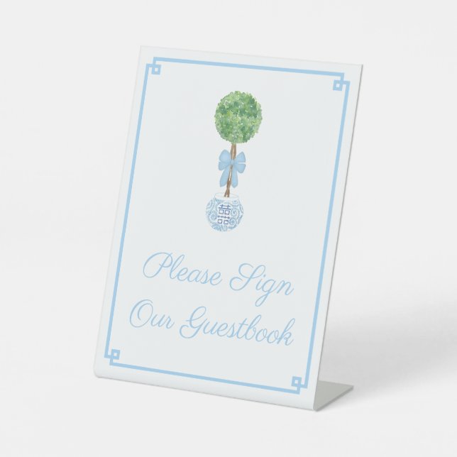 Darling Topiary Blue Bow Wedding Shower Guestbook Pedestal Sign (Front)