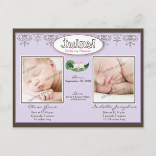 Darling Twin Girls Lilac Birth/Baby Announcement