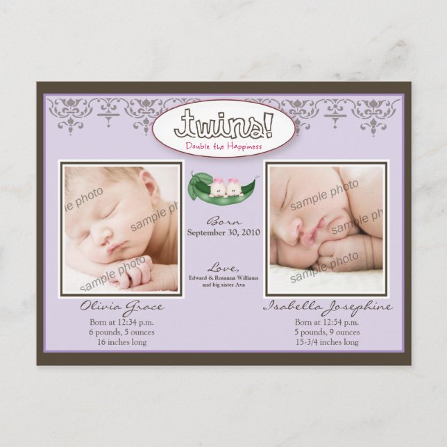Darling Twin Girls Lilac Birth/Baby Announcement (Front)