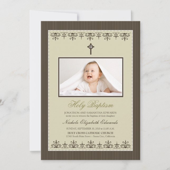 Darling Victorian 5x7" Taupe Baptism Invitation (Front)