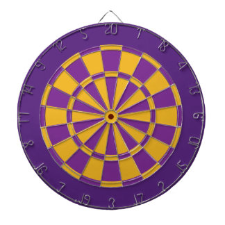 Dart Board: Gold, Purple, And Dark Purple Dartboard With Darts