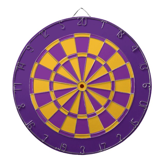 Dart Board: Gold, Purple, And Dark Purple Dartboard With Darts (Front)