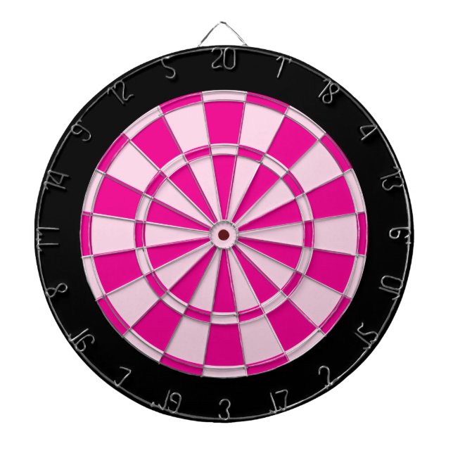 Dart Board: Light Pink, Dark Pink, And Black Dartboard With Darts (Front)