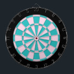 Dart Board: Light Pink, Turquoise, And Black Dartboard With Darts<br><div class="desc">Light Pink,  Turquoise,  And Black Colored Dart Board Game Including 6 Brass Darts</div>
