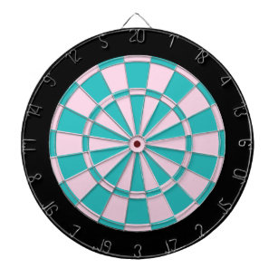 Dart Board: Light Pink, Turquoise, And Black Dartboard With Darts