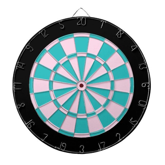 Dart Board: Light Pink, Turquoise, And Black Dartboard With Darts (Front)