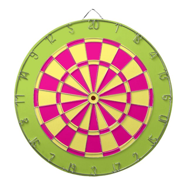 Dart Board: Light Yellow, Pink, And Lime Green Dartboard With Darts (Front)