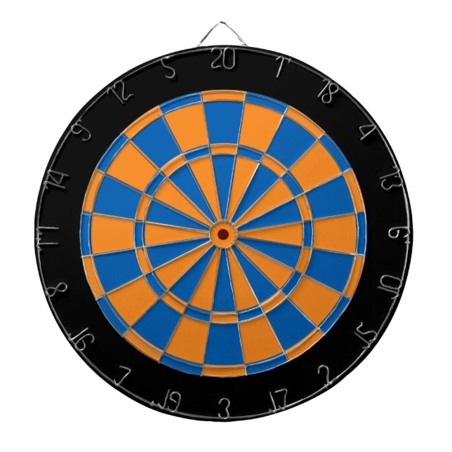 Dart Board: Orange, Blue, And Black Dartboard With Darts (Front)
