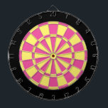 Dart Board: Pink, Light Yellow, And Black Board<br><div class="desc">Pink,  Light Yellow,  And Black Colored Dart Board Game Including 6 Brass Darts</div>