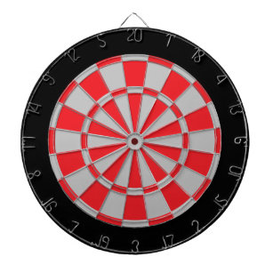 Dart Board: Silver Gray, Red, And Black Dartboard With Darts