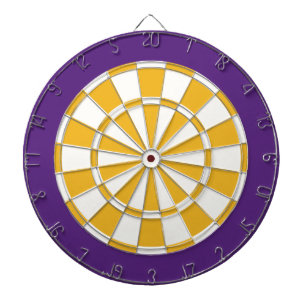 Dart Board: White, Gold, And Purple Dartboard With Darts