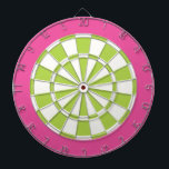 Dart Board: White, Lime, And Pink Dartboard With Darts<br><div class="desc">White,  Lime,  And Pink Colored Dart Board Game Including 6 Brass Darts</div>