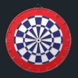 Dart Board: White, Navy Blue, And Red Board<br><div class="desc">White,  Navy Blue,  And Red Colored Dart Board Game Including 6 Brass Darts</div>