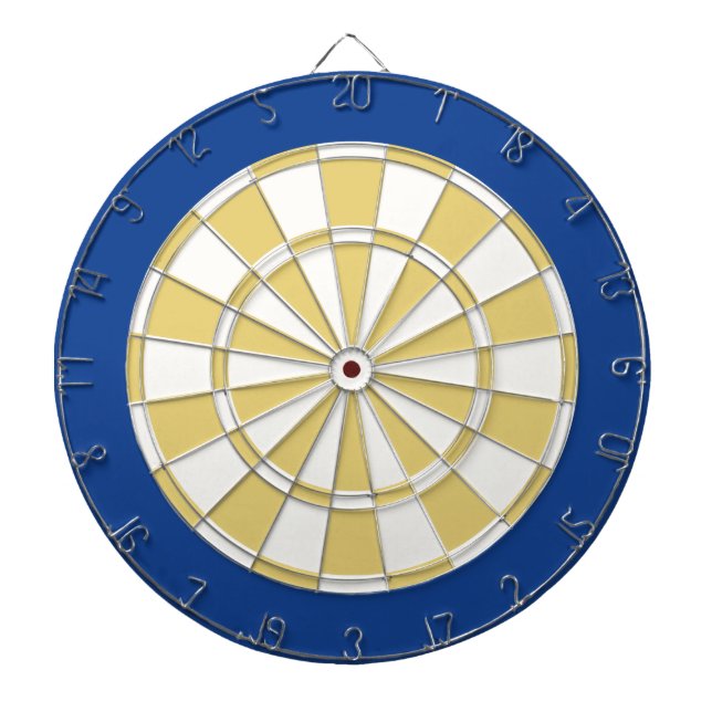 Dart Board: White, Old Gold, And Blue Dartboard With Darts (Front)